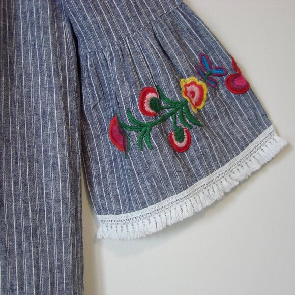 Linen Blend Striped Floral Dress Mini Embroidered Fringe BeachLunchLounge XS - Picture 7 of 13
